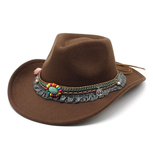 Chapeau Cowboy Western Feutre Large Bord Bohème Ethnique Perles Turquoise Franges Extérieur Voyage Hommes Femmes