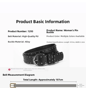Detailed size chart for black PU leather punk belt with metal round rivets and alloy buckle