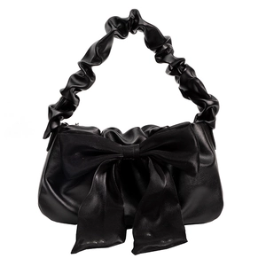 Fashionable black PU leather crossbody bag with a large bow and pleated handle