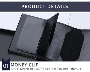 Close-up of black leather wallet showing the independent metal money clip for banknotes