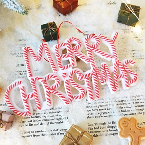 Merry Christmas letter sign hanging ornament with candy cane stripes and festive red string