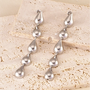 Detailed view of silver-tone drop earrings featuring five tiered polished water drop charms