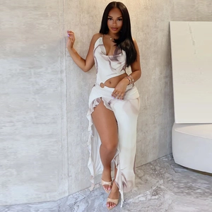 Women's halter tie-dye maxi dress with cutout waist and high slit in white and grey