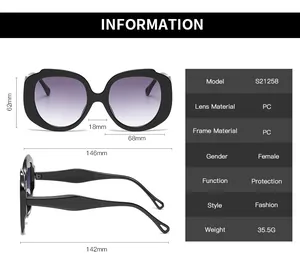 Detailed size chart for oversized round sunglasses showing frame and lens dimensions