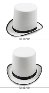 White felt top hat with 17cm height featuring a black satin band and classic brim binding
