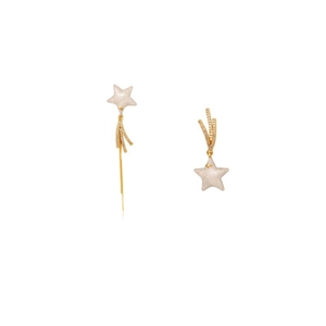 Gold plated asymmetrical star drop earrings with white pearls and sparkling zircons