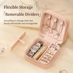Pink portable mini PU leather jewelry box with removable dividers and soft lining