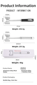 Detailed size and weight specs for aluminum steak hammer with non-slip handle and box