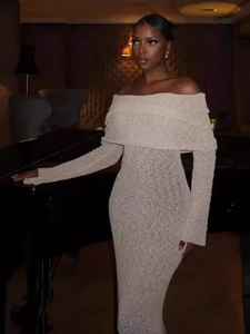 Women Off Shoulder Long Sleeve Maxi Dress Knit Elegant Slim Fit Solid Color Evening Party Vacation Bodycon Gown