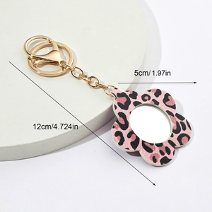 Leopard print flower mirror keychain size details with 12cm length and 5cm width