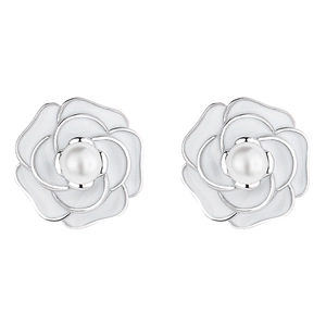 925 silver camellia flower stud earrings with elegant white pearl and enamel detail
