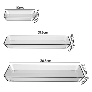 Three sizes of clear rectangular serving trays with dimensions for snack and fruit display