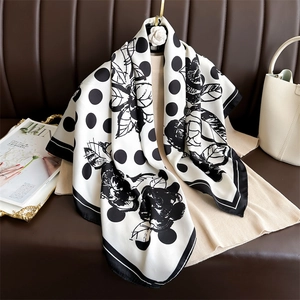 Elegant 90cm square silk scarf with classic black and white polka dots and floral pattern