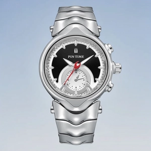 Vintage silver Y2K watch with black dial, red second hand and date window on blue background