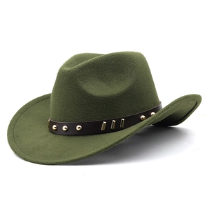 Detail of olive green wool felt cowboy hat featuring a brown leather studded band