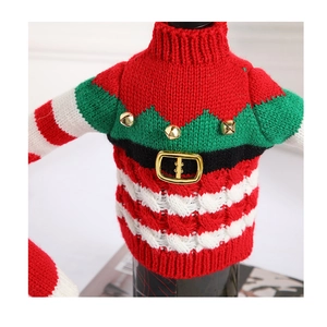 Knitted Christmas elf wine bottle cover with belt buckle and bells for festive decor