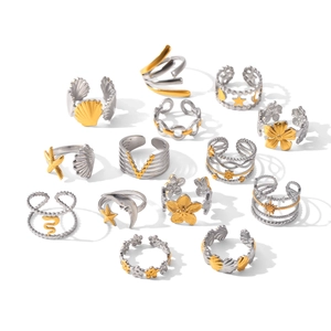 14-piece gold and silver stainless steel ring set with shell and starfish charms