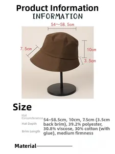 Guide des tailles détaillé pour chapeau bob marron avec mesures de 54-58,5cm et tissu
