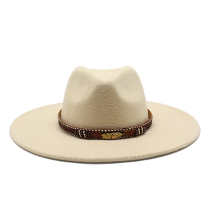 Western Cowboy Fedora Hat Wool Felt Wide Brim Jazz Hat With Gold Metal Feather Band Ethnic Style For Men Women
