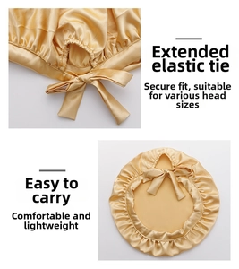 Detail view of champagne gold satin hair bonnet with adjustable long elastic ribbon tie