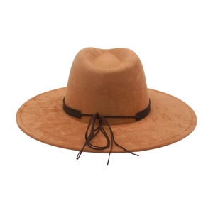 Detailed close-up of a camel suede fedora hat with wide brim and dark brown leather band