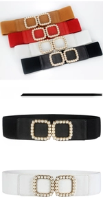 Elastic waist belts with vintage faux pearl square buckles in brown red white and black