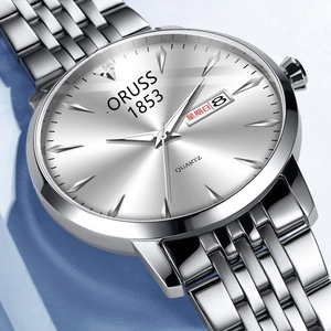 Classic silver quartz business watch for men with calendar and luminous features