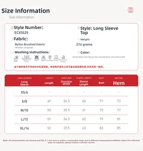Detailed size chart and fabric guide for V-neck yoga long sleeve top with washing instructions