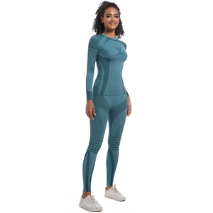 Detail view of teal seamless yoga set showing breathable texture and compression zones