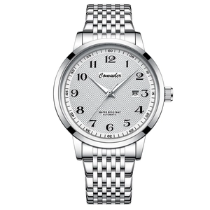 Men's automatic mechanical watch with silver stainless steel strap and white embossed dial