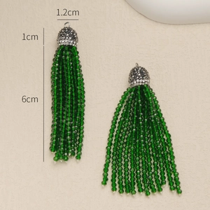 Green 2mm faceted bead tassel earrings with rhinestone caps, 7cm total length