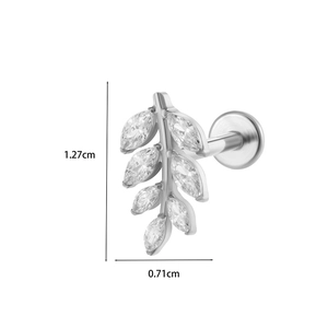 Detail view of G23 titanium leaf ear stud with marquise cubic zirconia and flat back