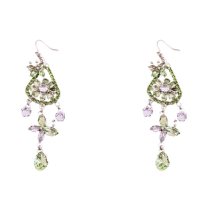 Elegant silver flower and butterfly drop earrings with green and purple crystals