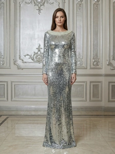 Elegant silver sequin evening dress with long sleeves, backless design and pearl neckline