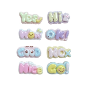Colorful resin 3D mini English letter charms including Good and Wow for DIY crafts