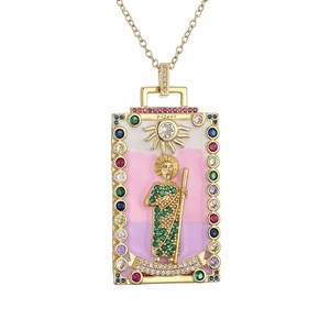 Vintage gold plated priest pendant necklace with colorful enamel and gemstone inlay