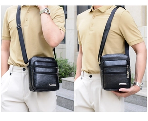 Men's black PU leather crossbody bag with multiple zipper compartments shown on a model