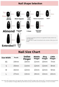 Size guide for hand-painted tulip press-on nails with various shape and length options