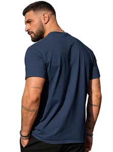 Back view of a slim fit navy blue cotton t-shirt showing fabric texture and tailoring