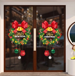 Detailed Christmas wreath window sticker with red bows, bells, and holiday balls