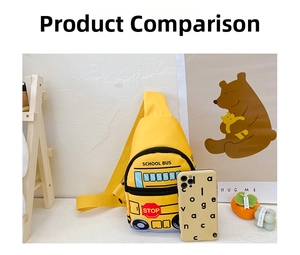 Size comparison of a bright yellow school bus chest bag next to a smartphone