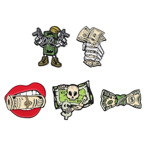 Cartoon dollar money tree and skull enamel pin badges set in durable alloy metal