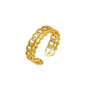 Elegant gold hollow chain and bead open ring in polished stainless steel for women