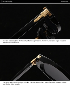Close-up of reinforced lenses and gold metal hinges on retro pilot sunglasses for men