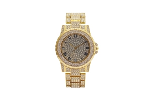 Macro detail of luxury gold women's watch with Roman numerals and full crystal inlay