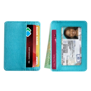 Slim bright blue litchi leather card holder with multiple slots and transparent ID window