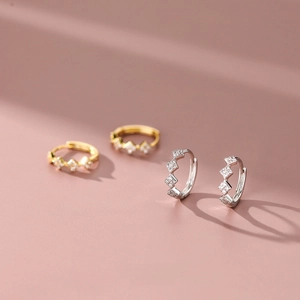 Elegant 925 sterling silver geometric diamond-encrusted hoop earrings in gold and silver