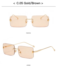 Detailansicht goldene randlose quadratische Sonnenbrille mit braunen Gläsern von vorne