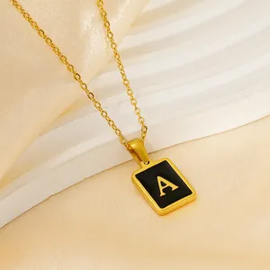 18K gold plated stainless steel necklace with black enamel square letter A pendant
