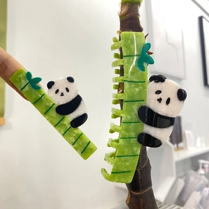Cute panda hair clip set featuring green marble texture acetate claw and side pin accessories